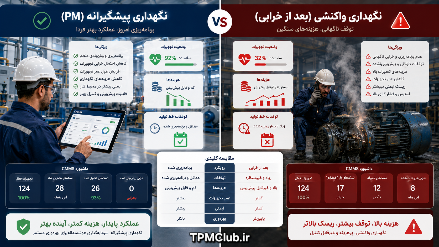 تفاوت بین نگهداری پیشگیرانه PM و تعمیرات اضطراری در کاهش هزینه و توقف تولید