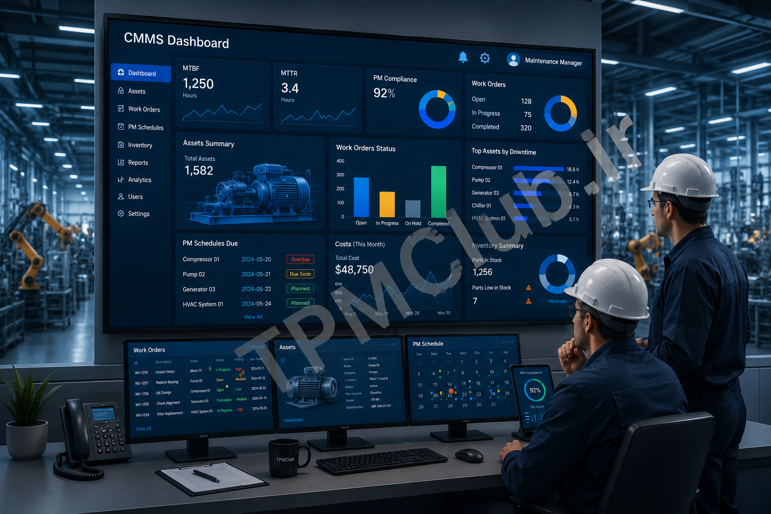 CMMS software dashboard showing maintenance management system selection guide and industrial equipment monitoring