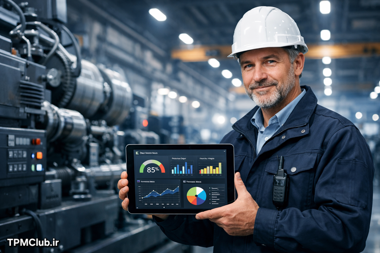 مدیر نت با تبلت در کارخانه در حال بررسی KPIهای نگهداری و تعمیرات